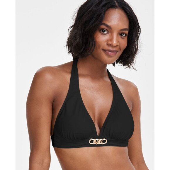 NWT MICHAEL Michael Kors Halter Bikini Top Sz XS Black Removable Cups Lined - Picture 1 of 11
